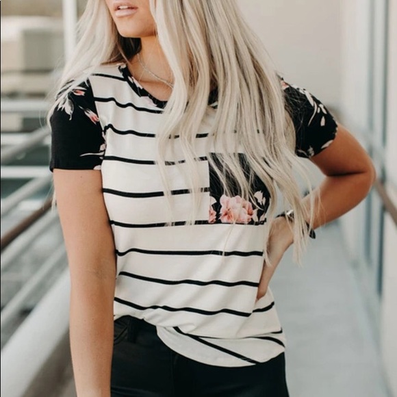 Bella Boho Clothing Tops - The Ana Black Striped T-Shirt with Patch Pocket